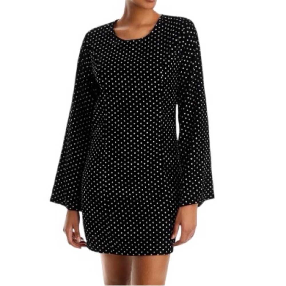 NWT AQUA Black Metallic Dot Long Sleeve Velvet  Zip Back Mini Dress Size Large